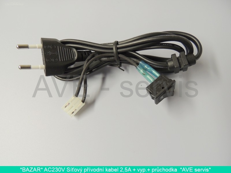 AC230V Síťový přívodní kabel 2,5A + vyp.+ průchodka